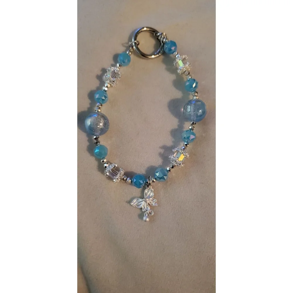 Beaded Bracelet Blue Silver Butterfly Charm phone chain